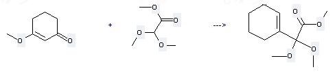 2-Cyclohexen-1-one,3-methoxy- can react with dimethoxyacetic acid methyl ester  to give  dimethoxy-(3-oxo-cyclohex-1-enyl)-acetic acid methyl ester.